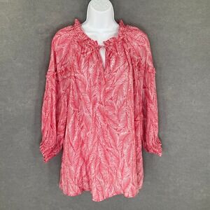 Zac & Rachel Woman 3X Tunic Top Red White Leaf Print Long‎ Sleeve Ruffle Neck